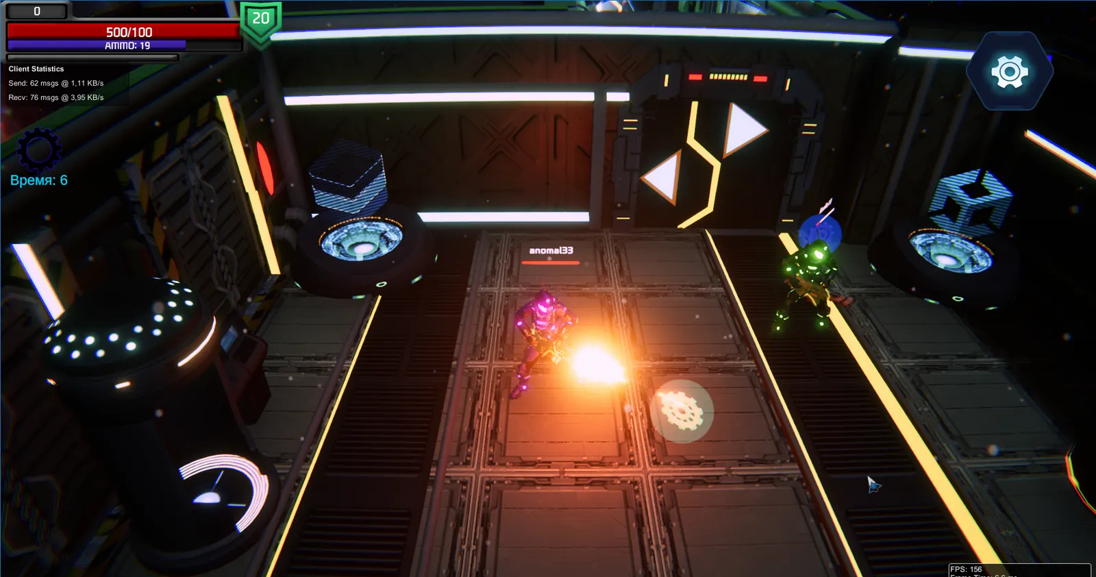 Cosmoground — a firefight in a neon-lit station corridor